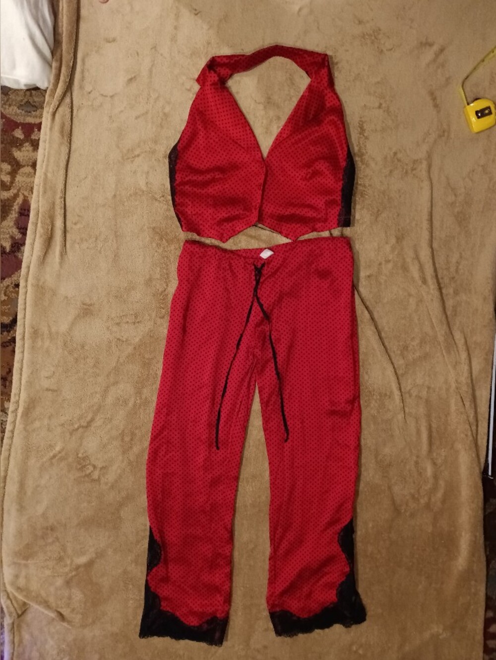 Shirley Silk Red Two-Piece Halter Crop Top & Pants Tuxedo Pajama Set Sz Small
